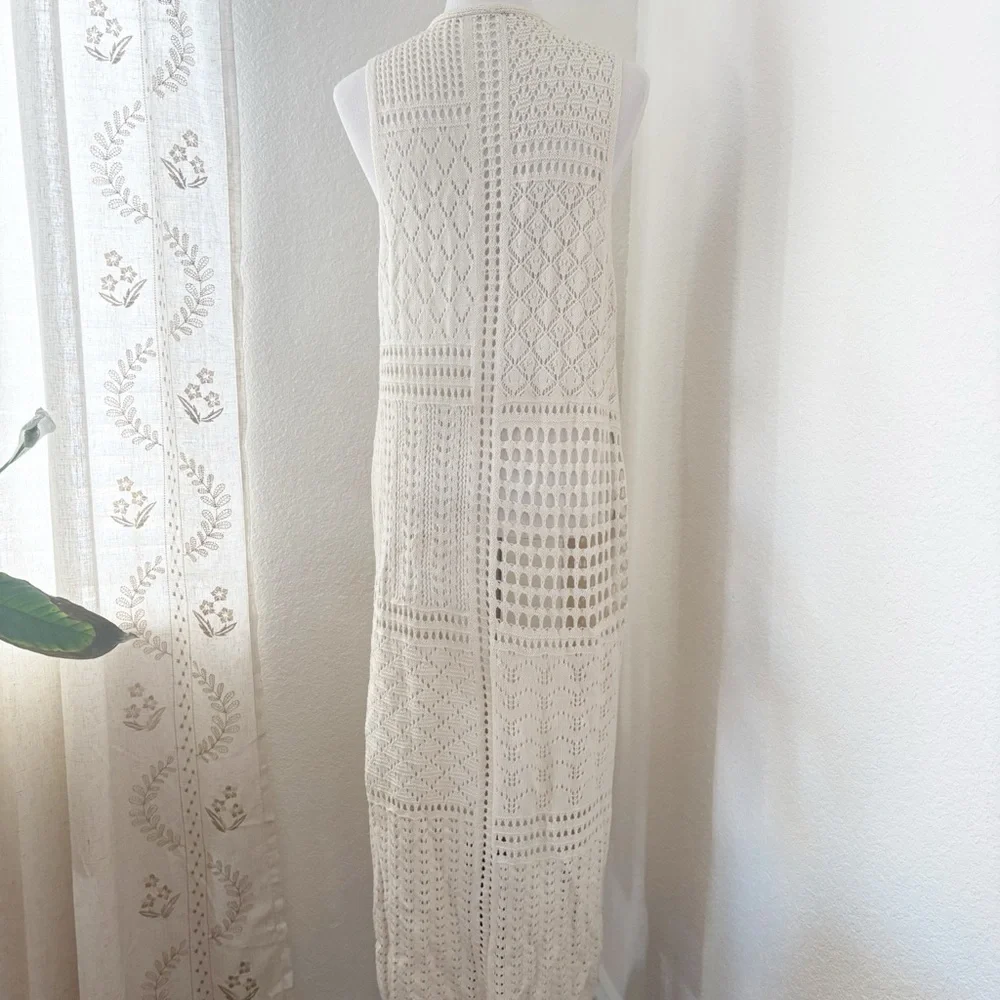 BDG Ivory Open-Knit Sleeveless Cardigan